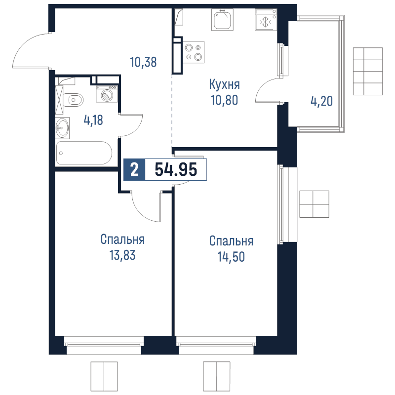 2-комнатная квартира, 54.95 м² в ЖК "Максималист" - планировка, фото №1