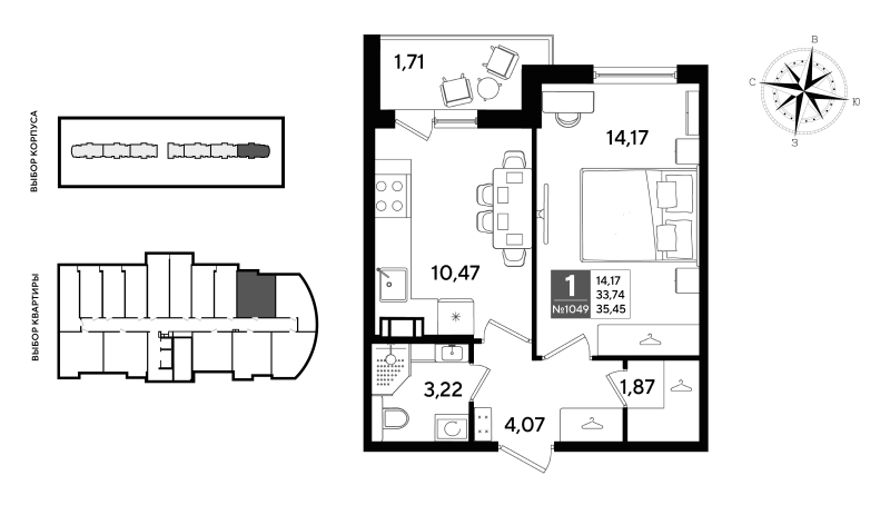 1-комнатная квартира, 35.45 м² - планировка, фото №1