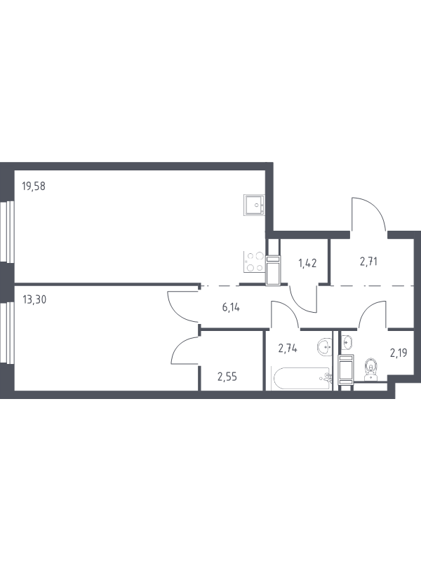 2-комнатная (Евро) квартира, 50.63 м² в ЖК "Квартал Торики" - планировка, фото №1
