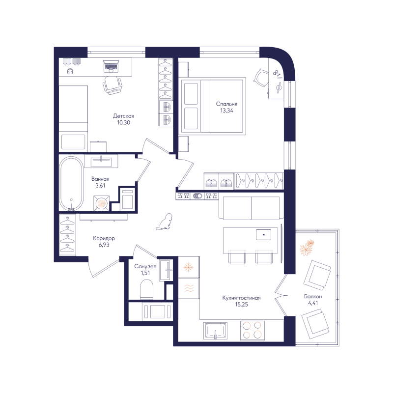 3-комнатная (Евро) квартира, 52.26 м² в ЖК "Кронунг Янино" - планировка, фото №1