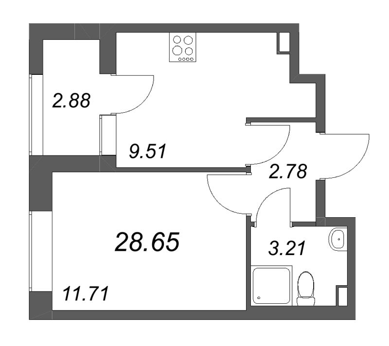 1-комнатная квартира, 28.65 м² в ЖК "Гранат" - планировка, фото №1