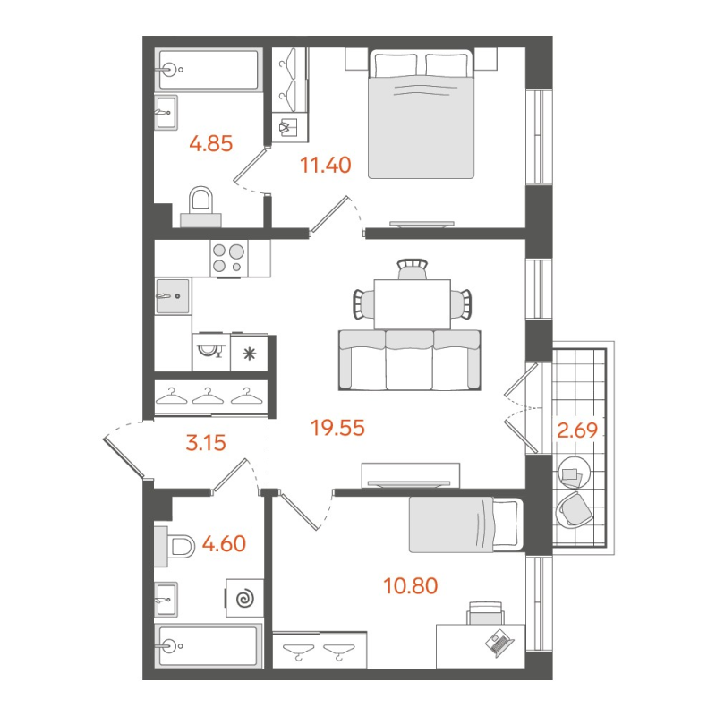 3-комнатная (Евро) квартира, 55.1 м² в ЖК "STAVNI Обводный" - планировка, фото №1