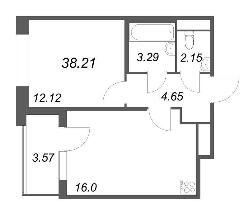 2-комнатная (Евро) квартира, 38.21 м² в ЖК "Дом на Курской" - планировка, фото №1