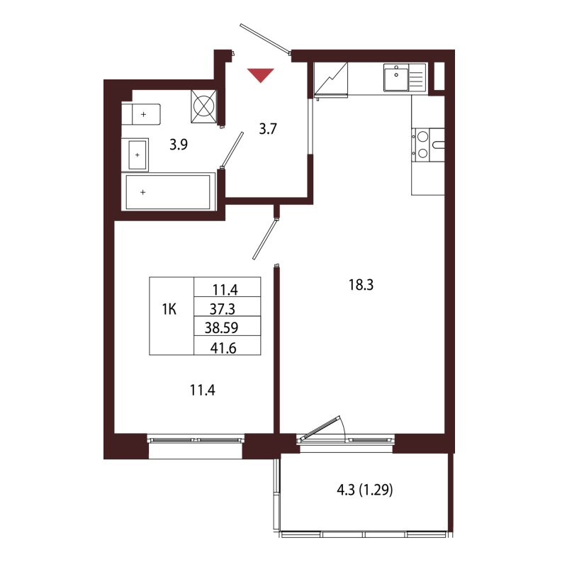 2-комнатная (Евро) квартира, 38.59 м² в ЖК "Лисино" - планировка, фото №1