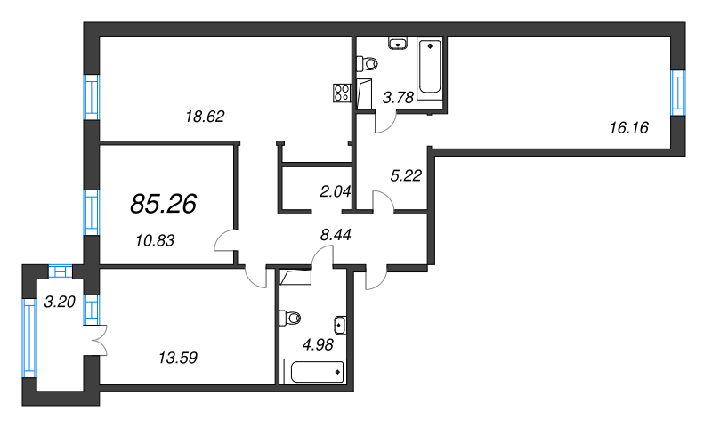 4-комнатная (Евро) квартира, 85.26 м² в ЖК "ID Park Pobedy" - планировка, фото №1
