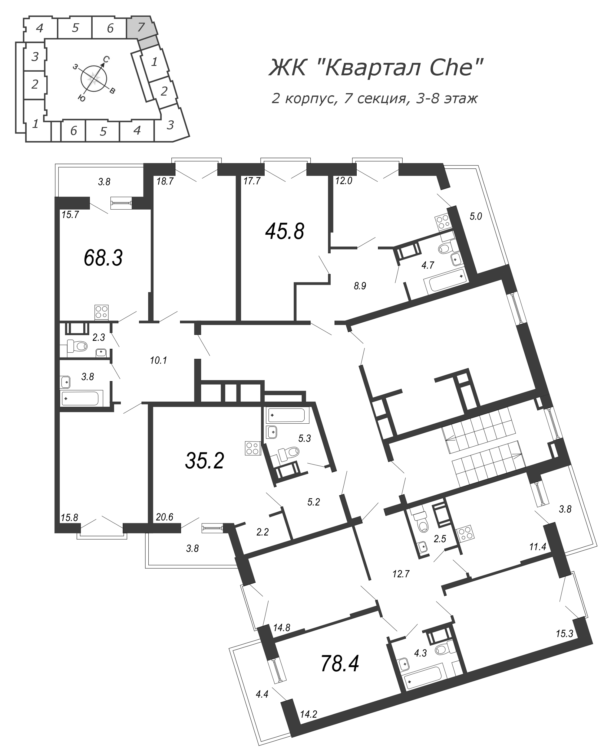 Квартира-студия, 35.8 м² в ЖК "Квартал Che" - планировка этажа