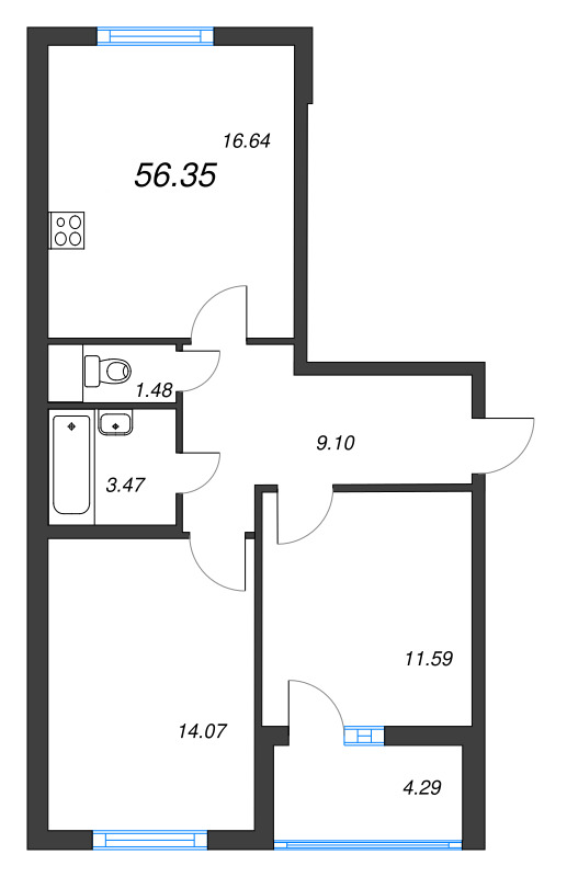 3-комнатная (Евро) квартира, 56.35 м² - планировка, фото №1