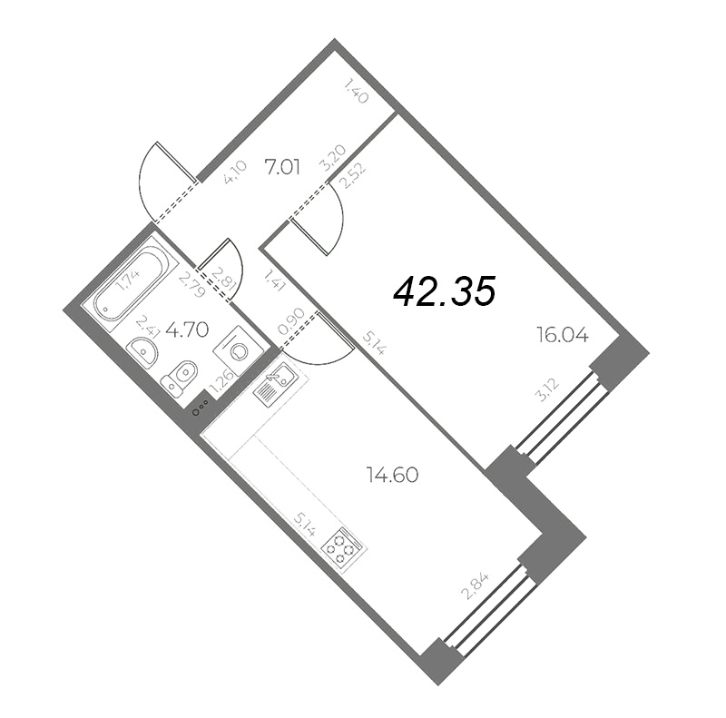 1-комнатная квартира, 42.35 м² - планировка, фото №1