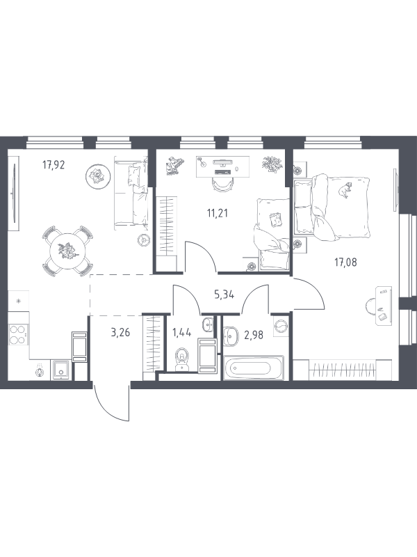 3-комнатная (Евро) квартира, 59.23 м² в ЖК "Новое Колпино" - планировка, фото №1