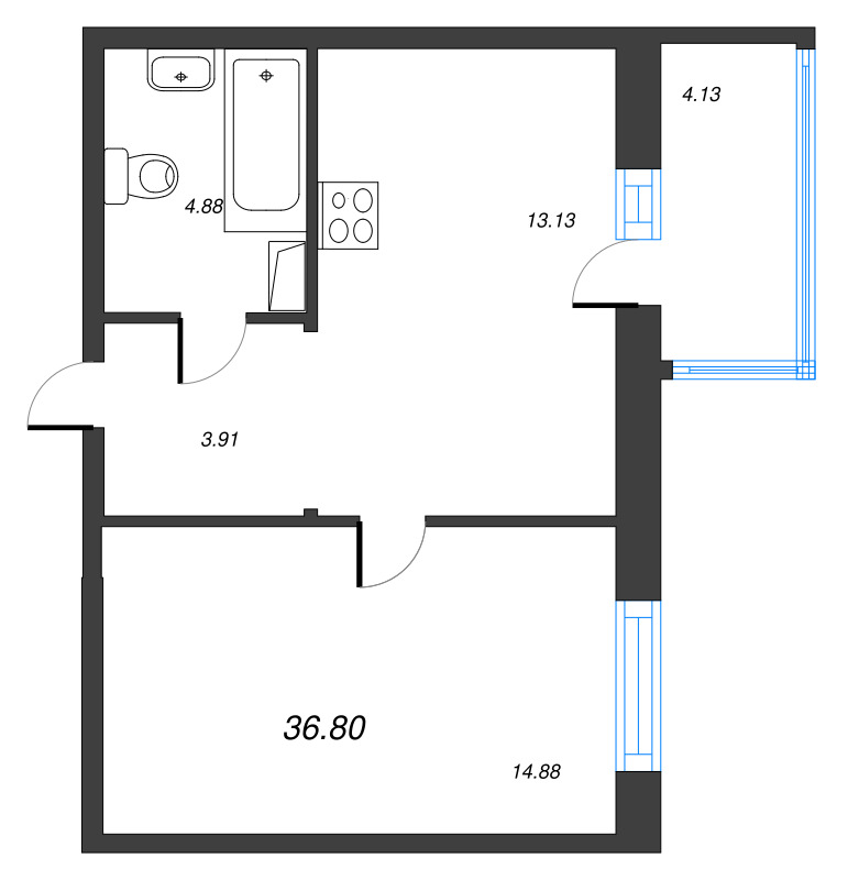 1-комнатная квартира, 36.8 м² в ЖК "Чёрная речка" - планировка, фото №1