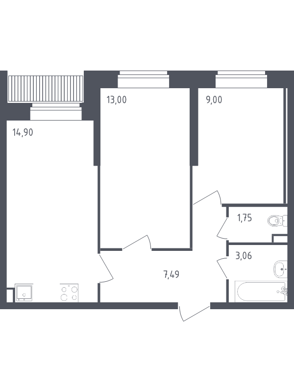 2-комнатная квартира, 49.2 м² в ЖК "Живи! В Рыбацком" - планировка, фото №1