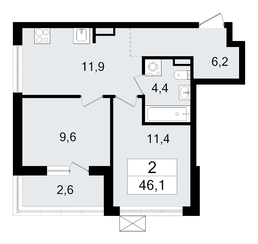 2-комнатная квартира, 46.1 м² - планировка, фото №1