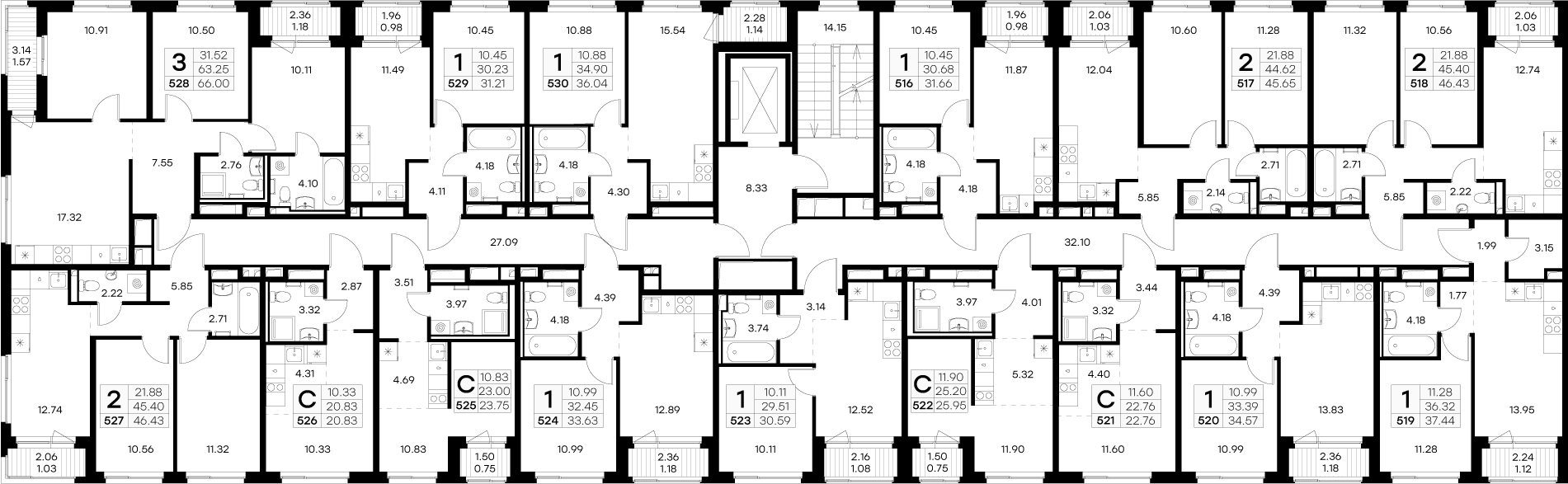 1-комнатная квартира, 31.21 м² в ЖК "GloraX Новоселье" - планировка этажа