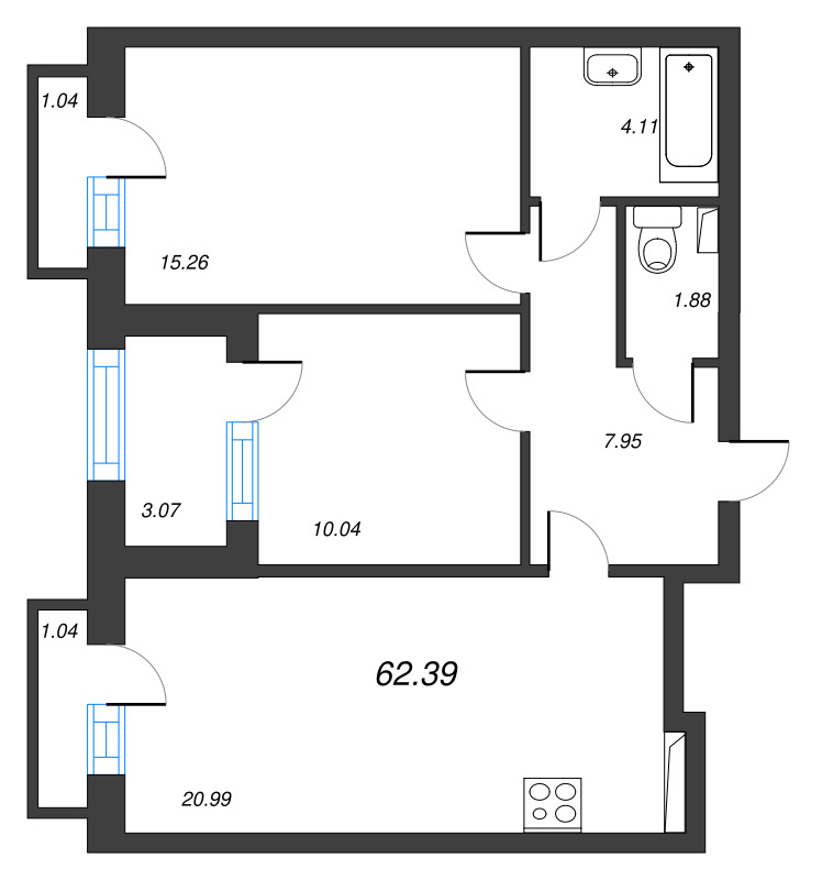 3-комнатная (Евро) квартира, 62.39 м² в ЖК "Кронфорт. Центральный" - планировка, фото №1