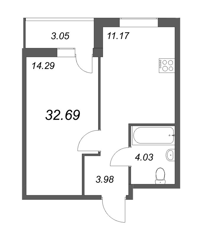 1-комнатная квартира, 32.69 м² - планировка, фото №1