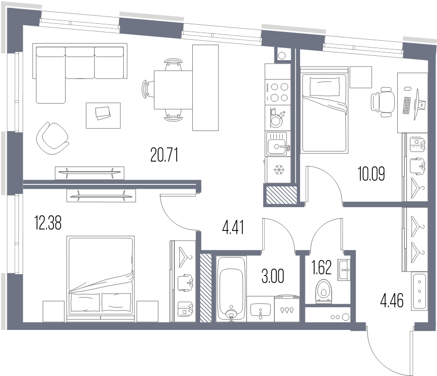 3-комнатная (Евро) квартира, 56.67 м² в ЖК "Legenda Васильевского" - планировка, фото №1