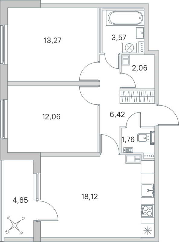 3-комнатная (Евро) квартира, 57.26 м² в ЖК "Любоград" - планировка, фото №1