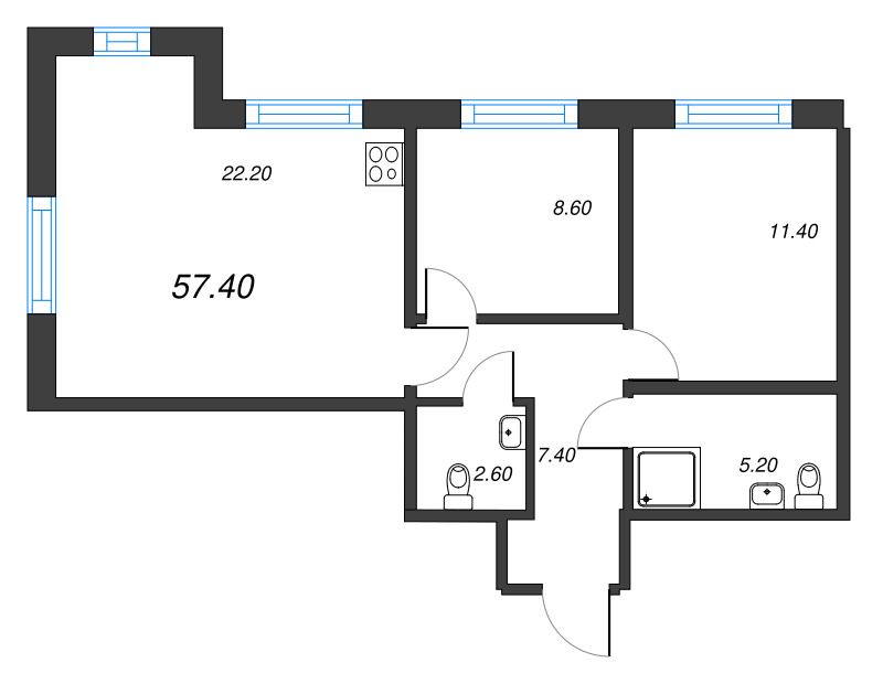 3-комнатная (Евро) квартира, 57.4 м² - планировка, фото №1