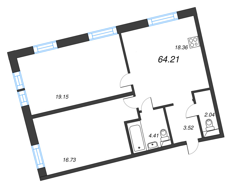 3-комнатная (Евро) квартира, 64.21 м² в ЖК "Бульвар Грина" - планировка, фото №1