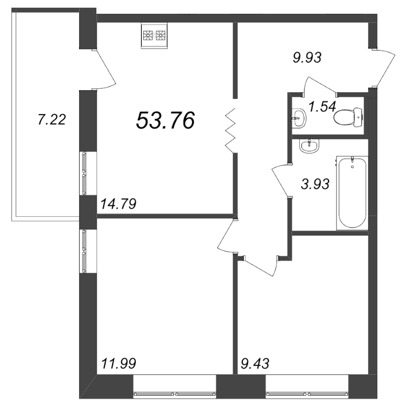 2-комнатная квартира, 53.76 м² - планировка, фото №1