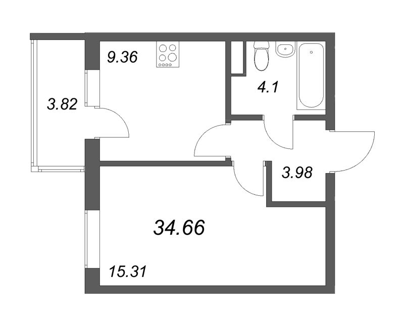 1-комнатная квартира, 34.66 м² - планировка, фото №1