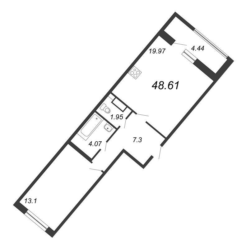 2-комнатная (Евро) квартира, 48.61 м² - планировка, фото №1