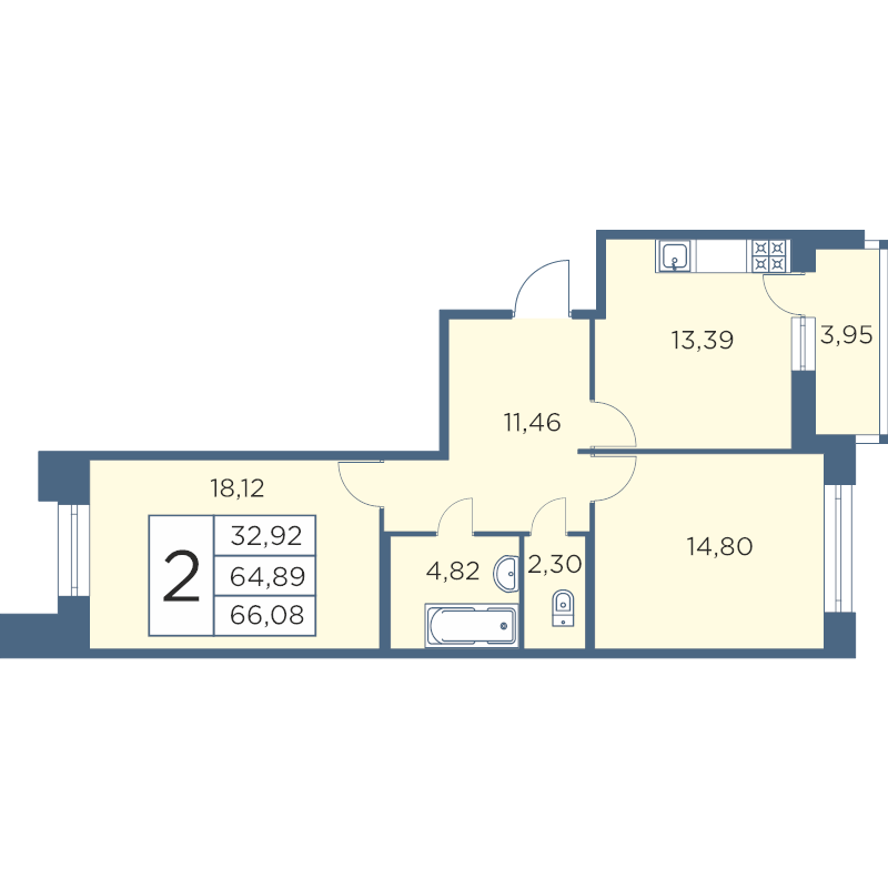 2-комнатная квартира, 65.74 м² - планировка, фото №1