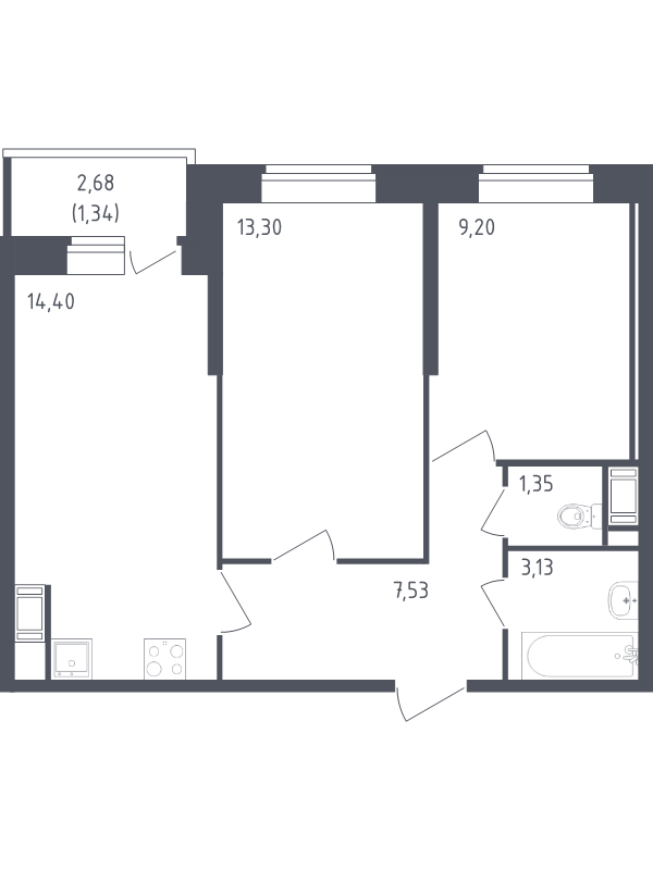 2-комнатная квартира, 50.25 м² в ЖК "Живи! В Рыбацком" - планировка, фото №1