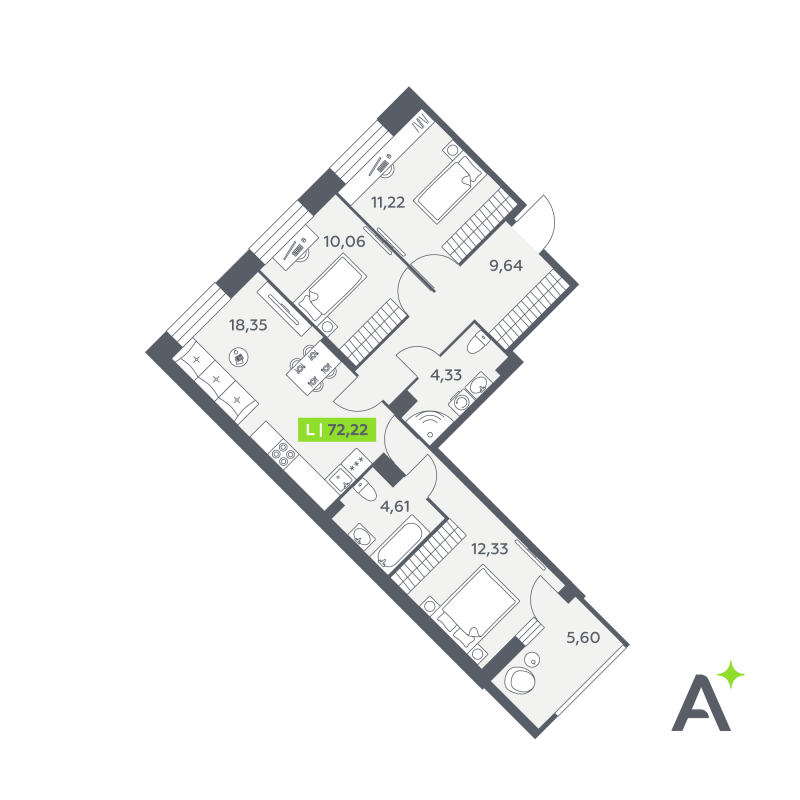 4-комнатная (Евро) квартира, 72.22 м² в ЖК "Аквилон РекаПарк" - планировка, фото №1