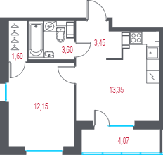 1-комнатная квартира, 36.19 м² в ЖК "Город-спутник Южный" - планировка, фото №1
