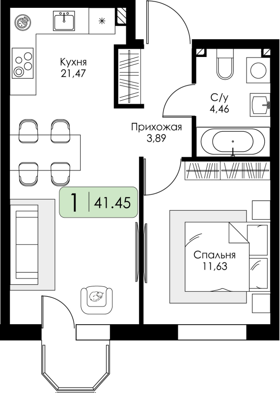 2-комнатная (Евро) квартира, 41.45 м² в ЖК "Всевгород" - планировка, фото №1