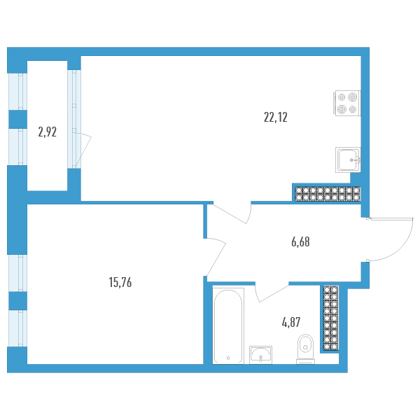 2-комнатная (Евро) квартира, 50.89 м² в ЖК "Дефанс Премиум" - планировка, фото №1