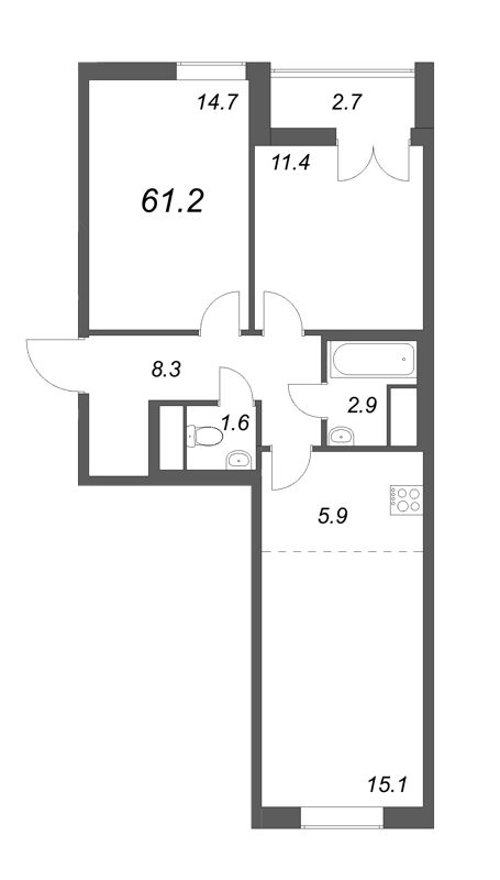 3-комнатная (Евро) квартира, 61.2 м² - планировка, фото №1