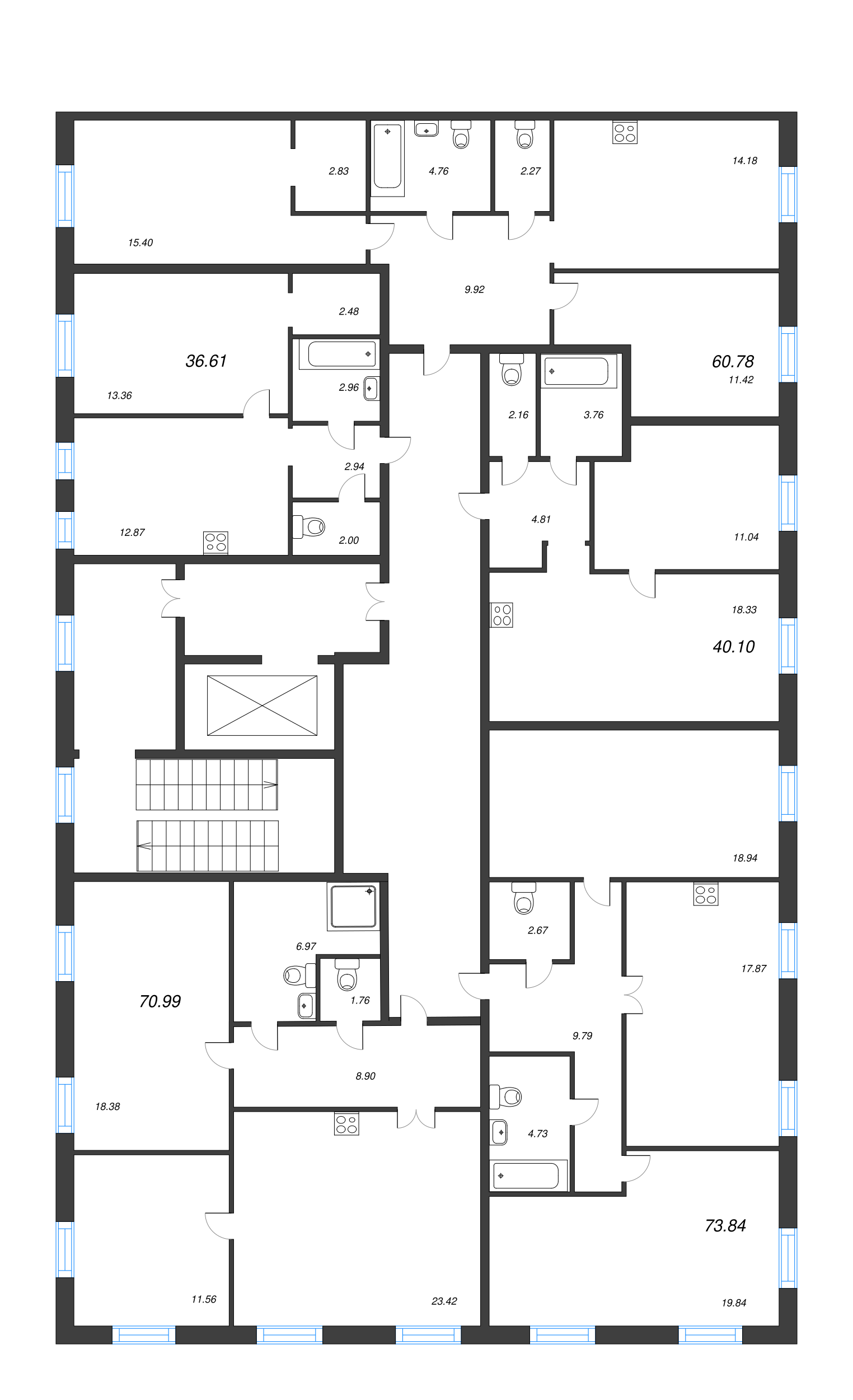 3-комнатная (Евро) квартира, 70.99 м² - планировка этажа