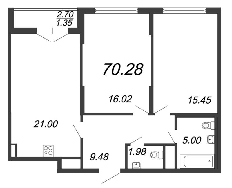 3-комнатная (Евро) квартира, 70.3 м² в ЖК "Колумб" - планировка, фото №1