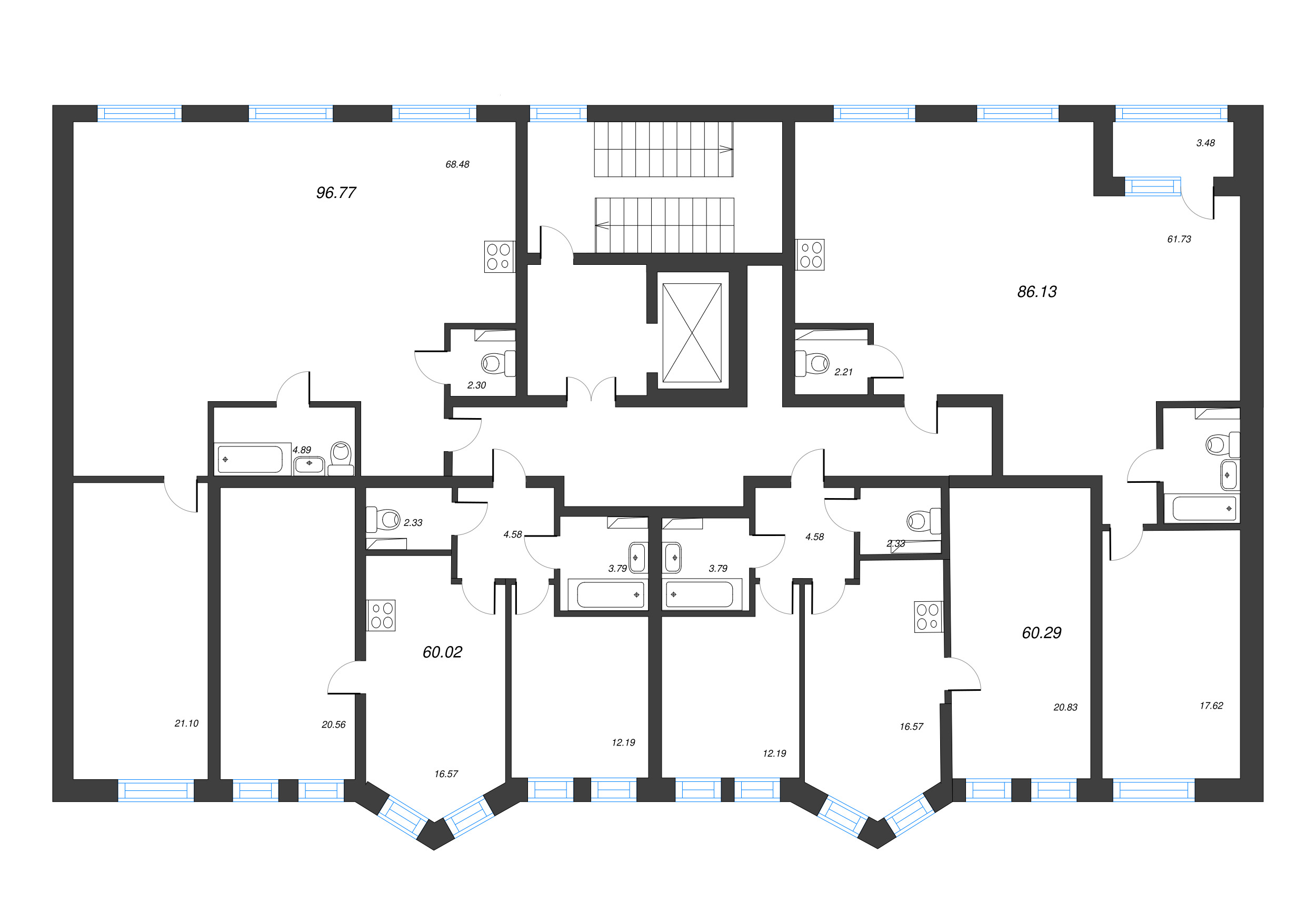 3-комнатная (Евро) квартира, 60.02 м² в ЖК "Кронфорт. Центральный" - планировка этажа