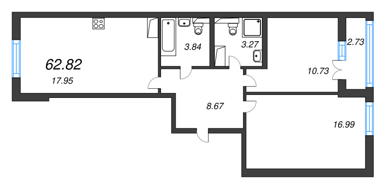 3-комнатная (Евро) квартира, 62.82 м² в ЖК "Цивилизация на неве" - планировка, фото №1