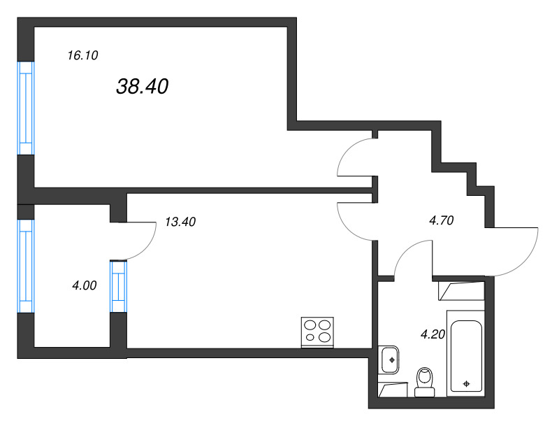 1-комнатная квартира, 38.4 м² в ЖК "ЮгТаун" - планировка, фото №1