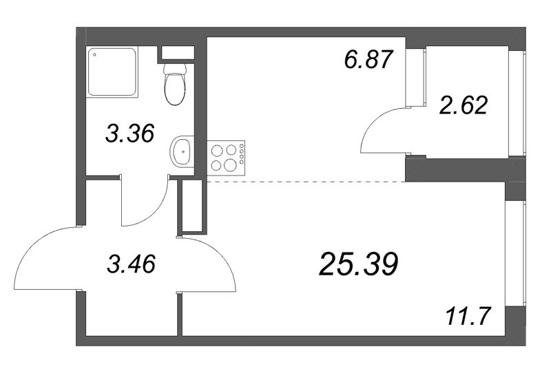 Квартира-студия, 25.39 м² в ЖК "Дубровский" - планировка, фото №1