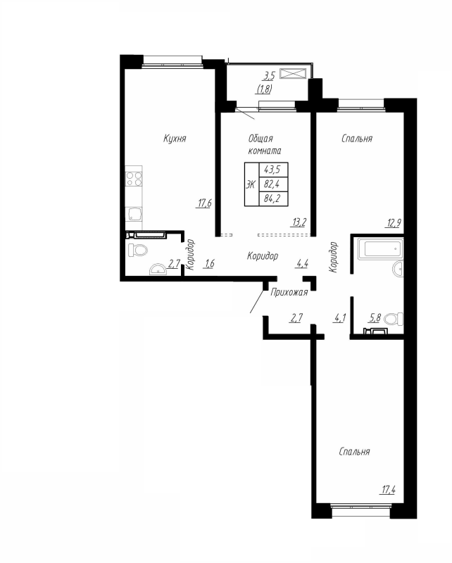 4-комнатная (Евро) квартира, 84.2 м² в ЖК "Сибирь" - планировка, фото №1