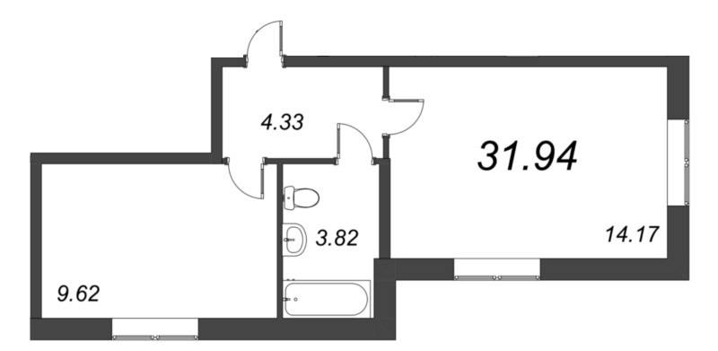 1-комнатная квартира, 31.94 м² в ЖК "Капральский" - планировка, фото №1