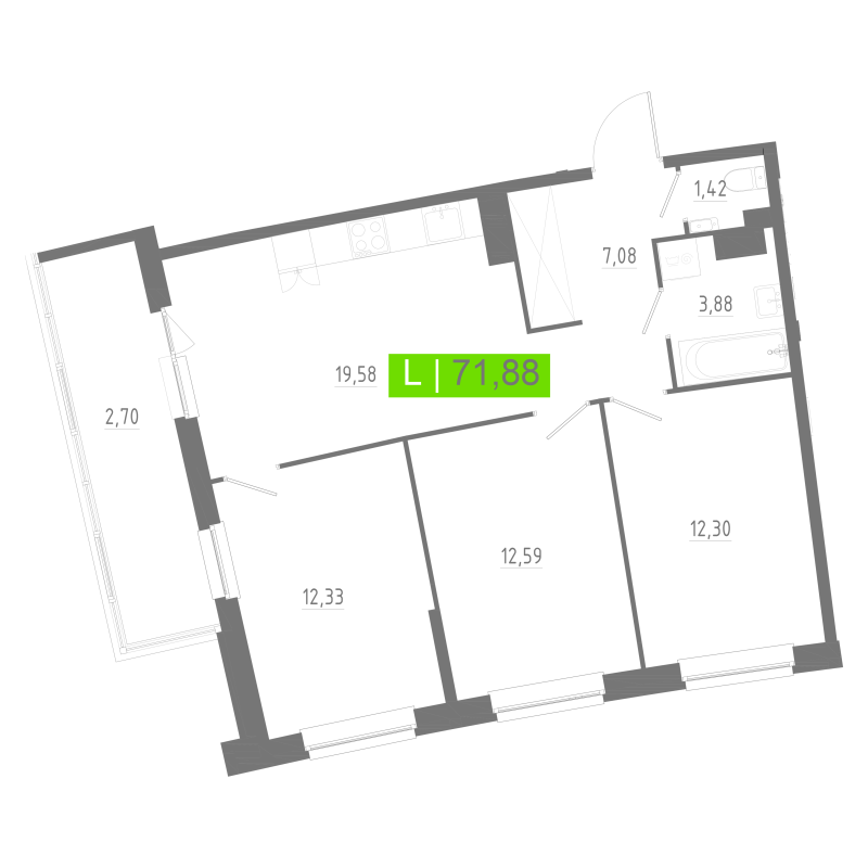 4-комнатная (Евро) квартира, 71.88 м² в ЖК "Аквилон РИВА" - планировка, фото №1