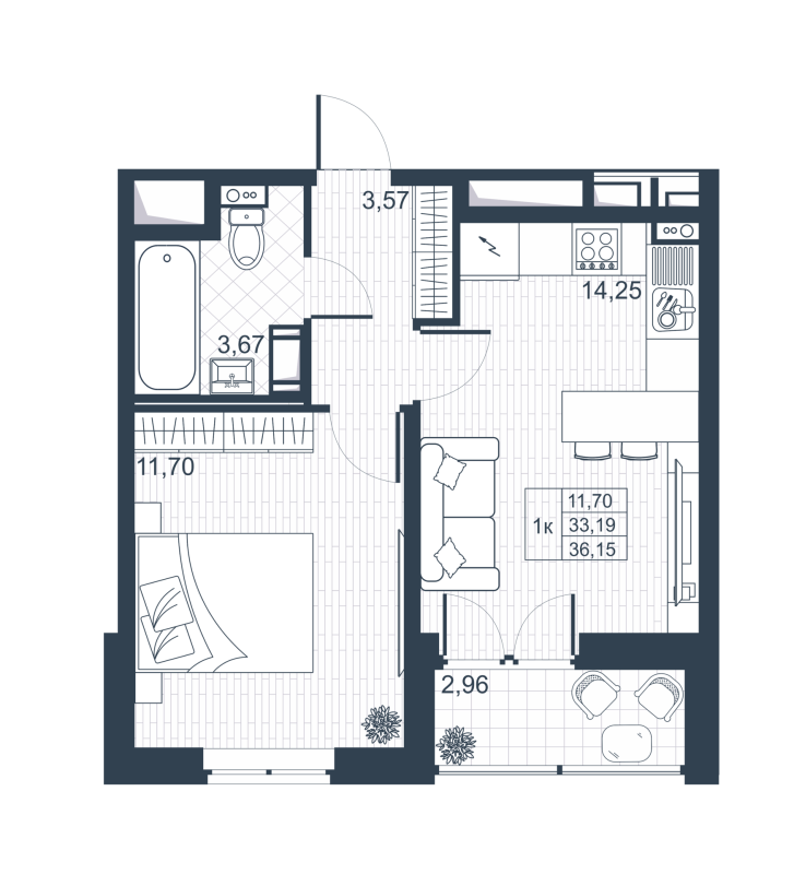 1-комнатная квартира, 32.9 м² в ЖК "Ново-Антропшино" - планировка, фото №1