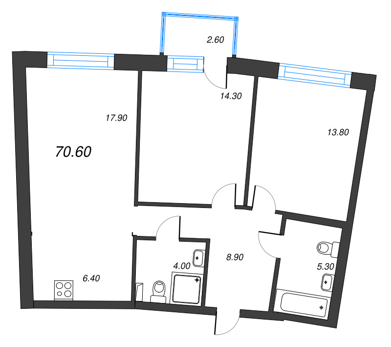 3-комнатная (Евро) квартира, 70.6 м² в ЖК "Цвет Зеленогорска" - планировка, фото №1
