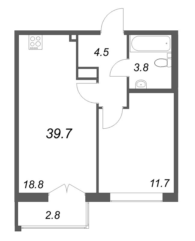 2-комнатная (Евро) квартира, 39.7 м² в ЖК "Кронунг ЮГ" - планировка, фото №1