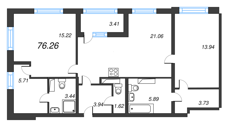 3-комнатная (Евро) квартира, 76.26 м² в ЖК "БелАрт" - планировка, фото №1