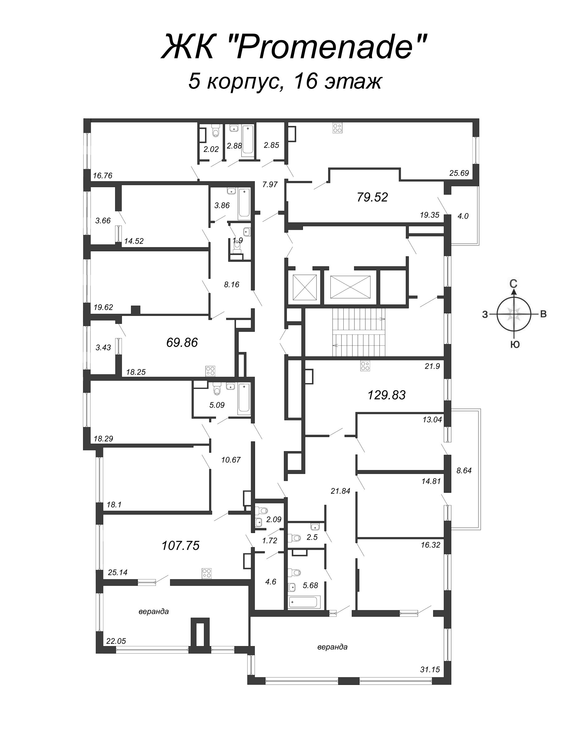 3-комнатная (Евро) квартира, 105.7 м² в ЖК "PROMENADE" - планировка этажа