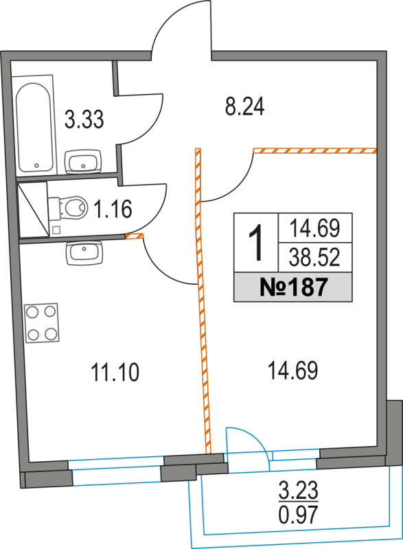 1-комнатная квартира, 38.52 м² - планировка, фото №1