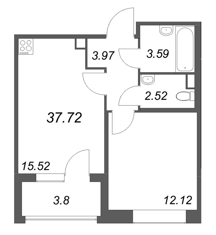 2-комнатная (Евро) квартира, 37.72 м² в ЖК "Дом на Курской" - планировка, фото №1