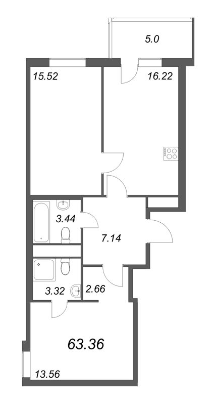3-комнатная (Евро) квартира, 66.86 м² - планировка, фото №1